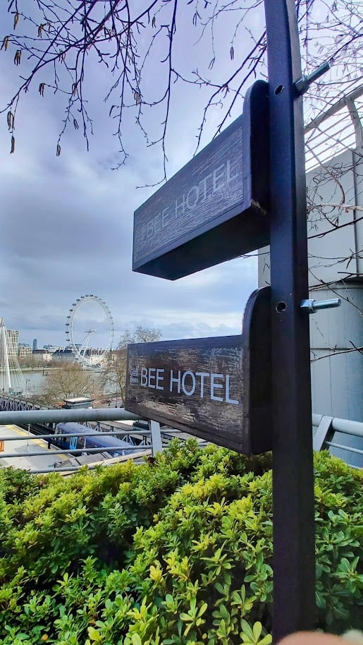 Two Urban Bees bee hotels installed with the London Eye in the background